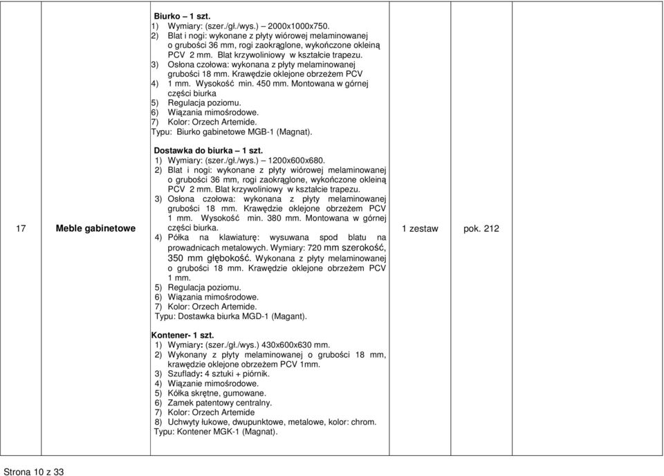 Montowana w górnej części biurka 5) Regulacja 6) Wiązania mimośrodowe. 7) Kolor: Orzech Artemide. Typu: Biurko gabinetowe MGB-1 (Magnat). Dostawka do biurka 1 szt. 1) Wymiary: (szer./gł./wys.