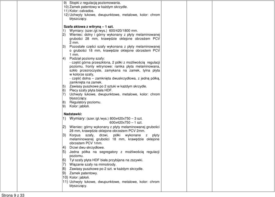 3) Pozostałe części szafy wykonana z płyty melaminowanej o grubości 18 mm, krawędzie oklejone obrzeŝem PCV 1 mm.