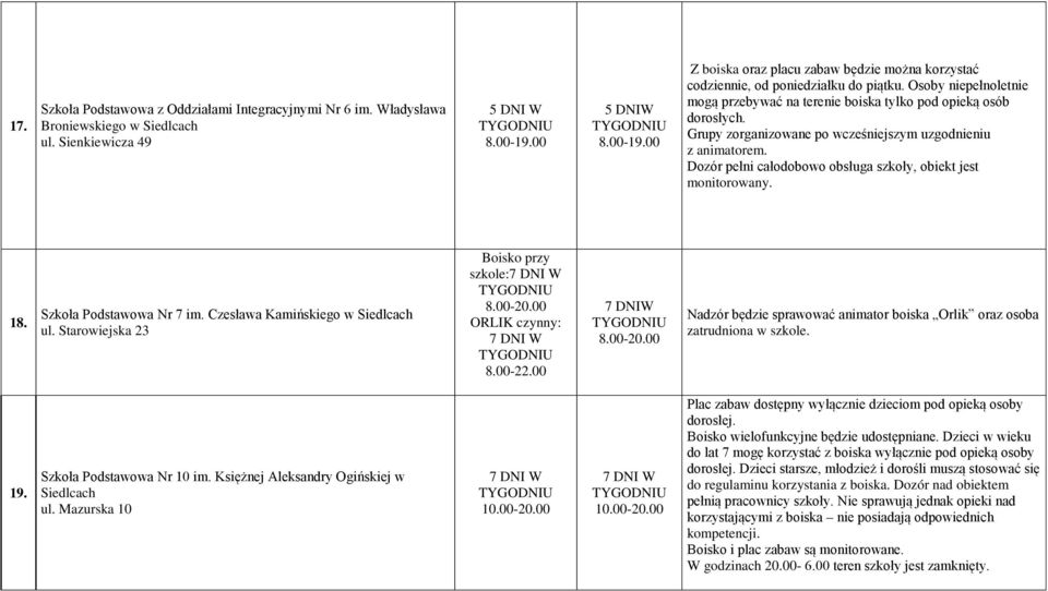 z animatorem. Dozór pełni całodobowo obsługa szkoły, obiekt jest monitorowany. 18. Szkoła Podstawowa Nr 7 im. Czesława Kamińskiego ul. Starowiejska 23 Boisko przy szkole: 8.0020.00 ORLIK czynny: 8.
