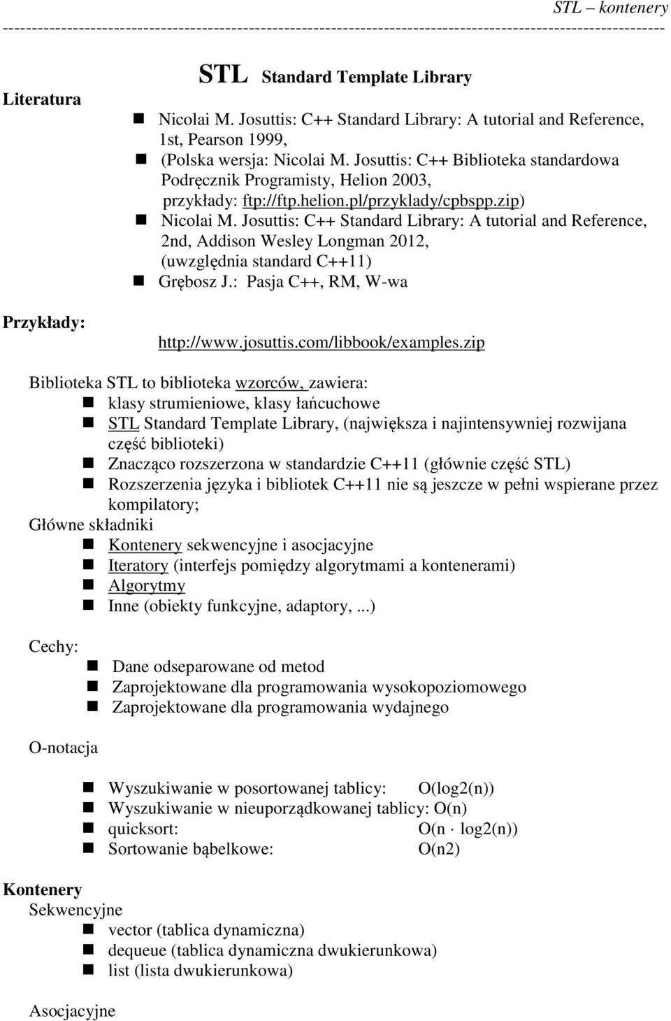 Josuttis: C++ Standard Library: A tutorial and Reference, 2nd, Addison Wesley Longman 2012, (uwzględnia standard C++11) Grębosz J.: Pasja C++, RM, W-wa http://www.josuttis.com/libbook/examples.