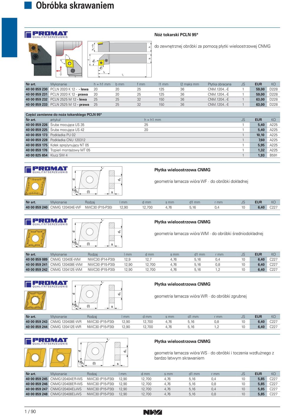 204..-E 59,00 D228 40 00 859 232 PCLN 2525 M 2 - lewa 25 25 32 50 36 CNM.204..-E 63,00 D228 40 00 859 233 PCLN 2525 M 2 - prawa 25 25 32 50 36 CNM.204..-E 63,00 D228 Części zamienne do noża tokarskiego PCLN 95 Nr art.