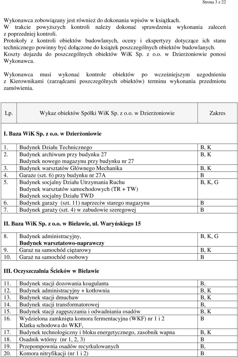 Koszty dojazdu do poszczególnych obiektów WiK Sp. z o.o. w DzierŜoniowie ponosi Wykonawca.