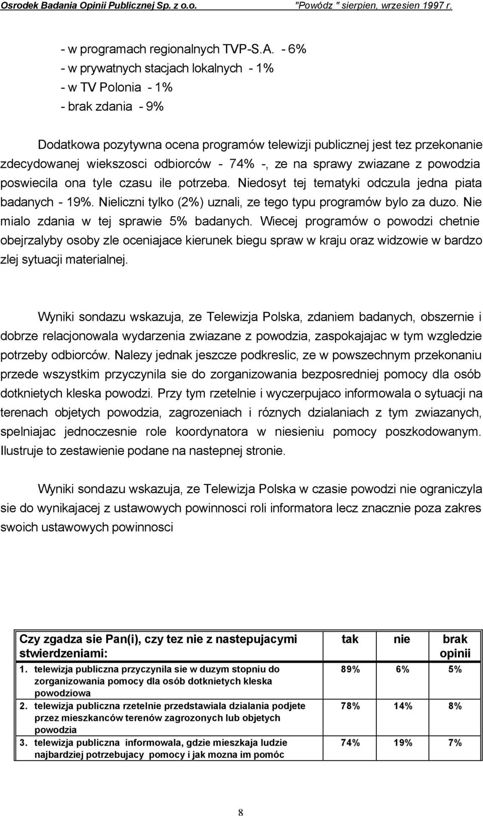 74% -, ze na sprawy zwiazane z powodzia poswiecila ona tyle czasu ile potrzeba. Niedosyt tej tematyki odczula jedna piata badanych - 19%.