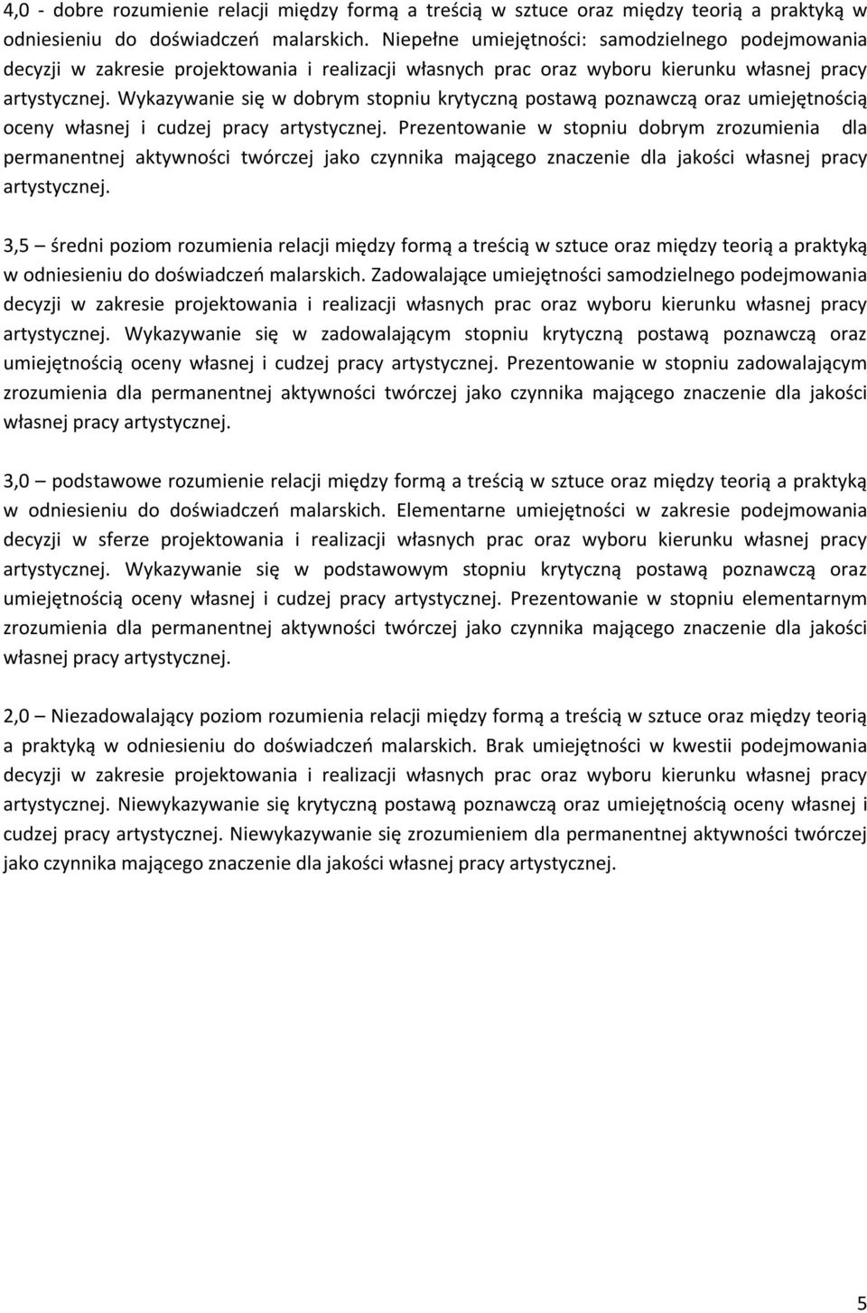 Prezentowanie w stopniu dobrym zrozumienia dla permanentnej aktywności twórczej jako czynnika mającego znaczenie dla jakości własnej pracy artystycznej.