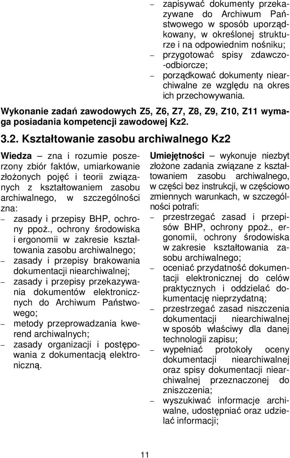 3.2. Kształtowanie zasobu archiwalnego Kz2 Wiedza zna i rozumie poszerzony zbiór faktów, umiarkowanie złożonych pojęć i teorii związanych z kształtowaniem zasobu archiwalnego, w szczególności zna: