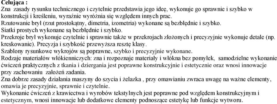 Przekroje brył wykonuje czytelnie i sprawnie także w przekrojach złożonych i precyzyjnie wykonuje detale (np. kreskowanie). Precyzja i szybkość przewyższa resztę klasy.