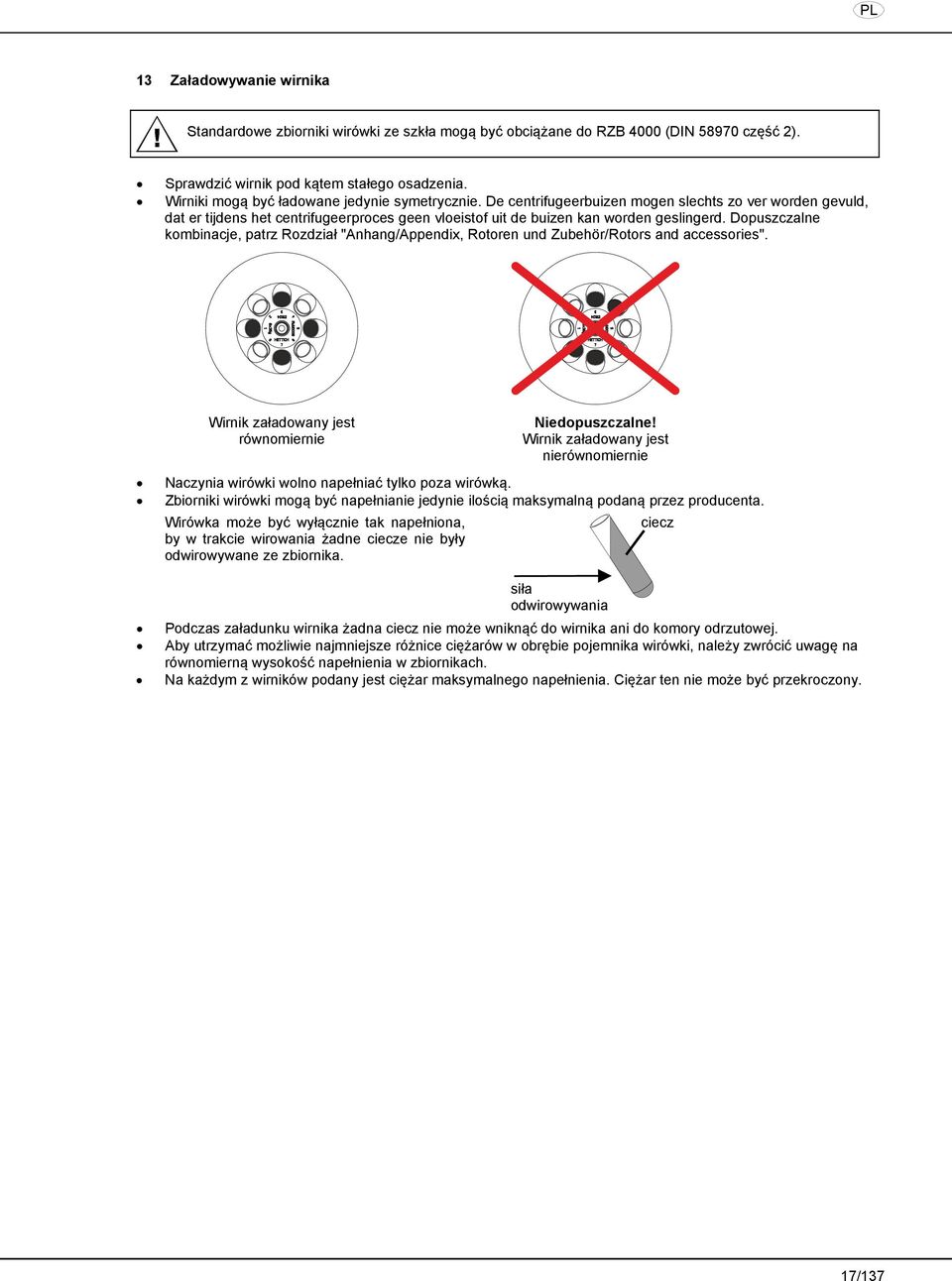 Dopuszczalne kombinacje, patrz Rozdział "Anhang/Appendix, Rotoren und Zubehör/Rotors and accessories". Wirnik załadowany jest równomiernie Niedopuszczalne!