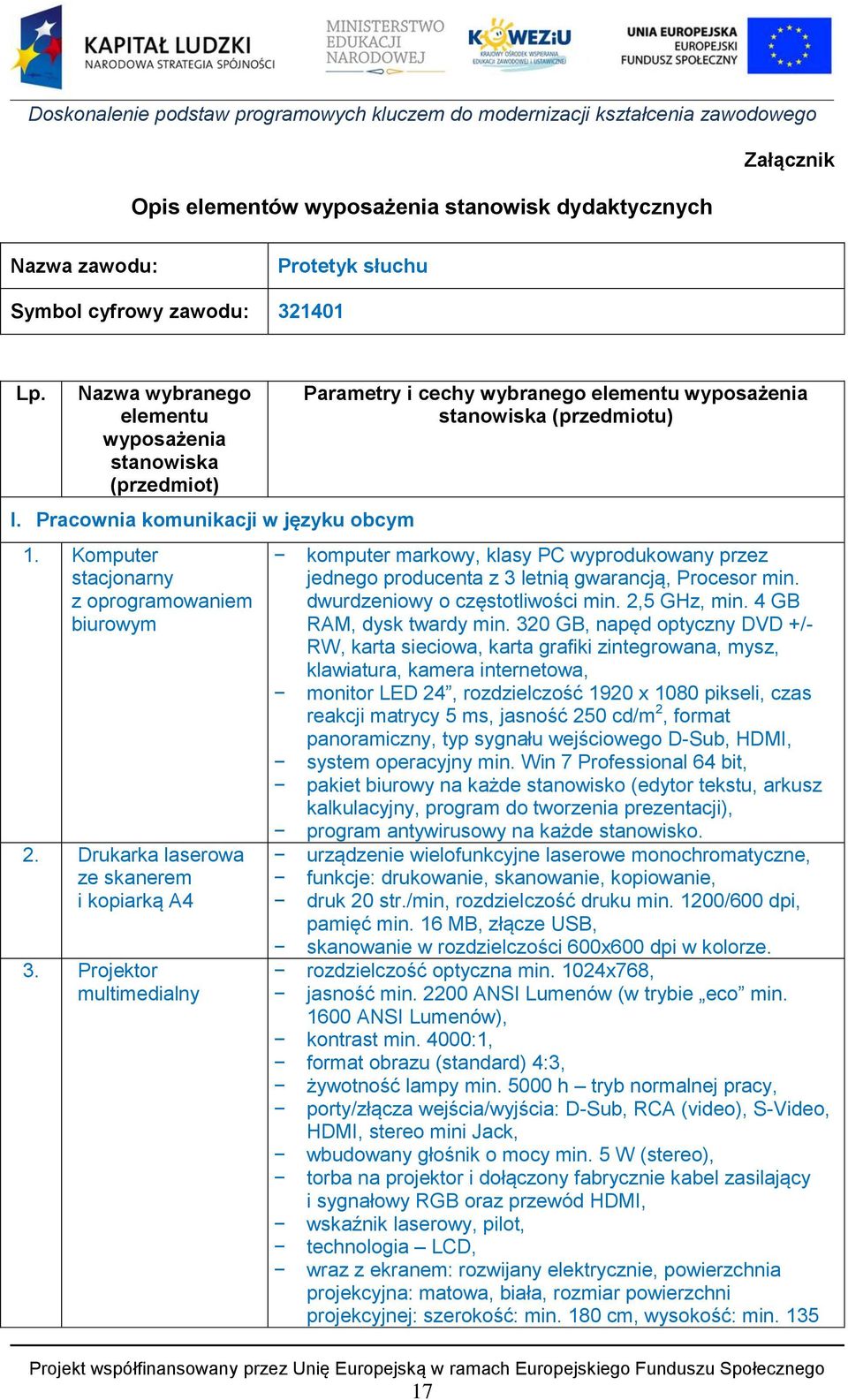 Projektor multimedialny Parametry i cechy wybranego elementu wyposażenia stanowiska (przedmiotu) komputer markowy, klasy PC wyprodukowany przez jednego producenta z 3 letnią gwarancją, Procesor min.