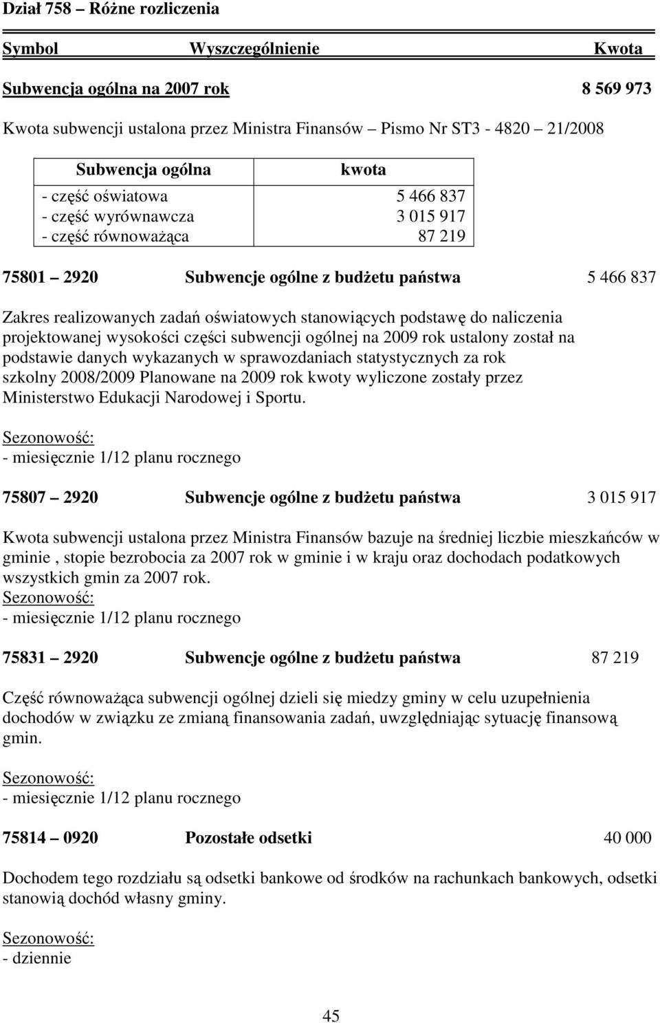 wysokości części subwencji ogólnej na 2009 rok ustalony został na podstawie danych wykazanych w sprawozdaniach statystycznych za rok szkolny 2008/2009 Planowane na 2009 rok kwoty wyliczone zostały