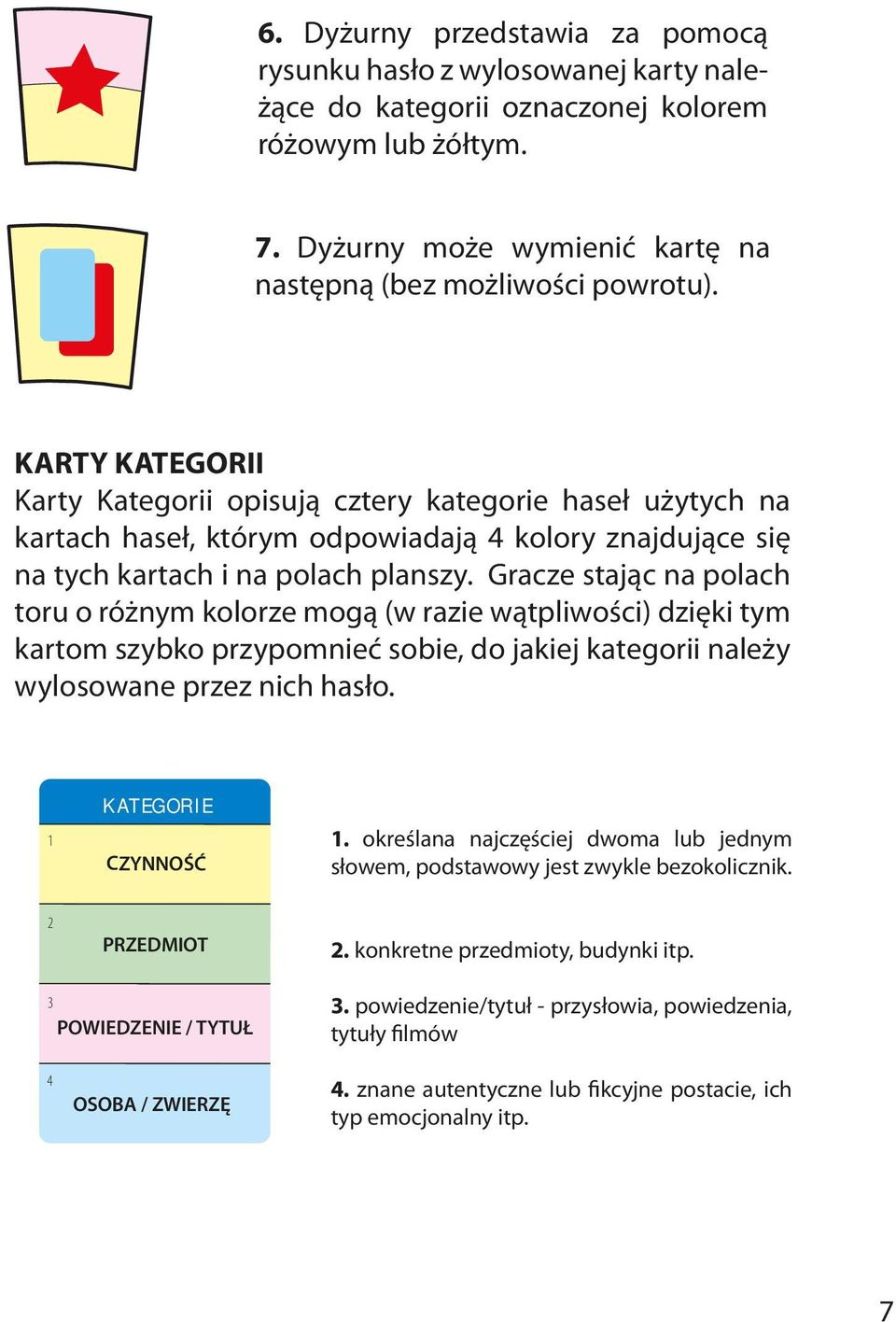 Gracze stając na polach toru o różnym kolorze mogą (w razie wątpliwości) dzięki tym kartom szybko przypomnieć sobie, do jakiej kategorii należy wylosowane przez nich hasło. 1 KATEGORIE CZYNNOŚĆ 1.