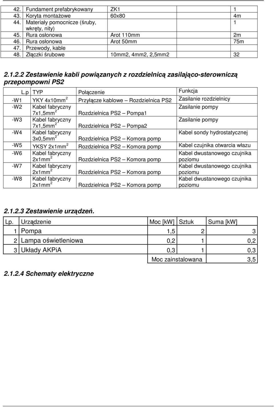 p TYP Połączenie Funkcja -W YKY 4x0mm 2 Przyłącze kablowe Rozdzielnica PS2 Zasilanie rozdzielnicy -W2 Kabel fabryczny Zasilanie pompy 7x,mm 2 Rozdzielnica PS2 Pompa -W3 Kabel fabryczny Zasilanie