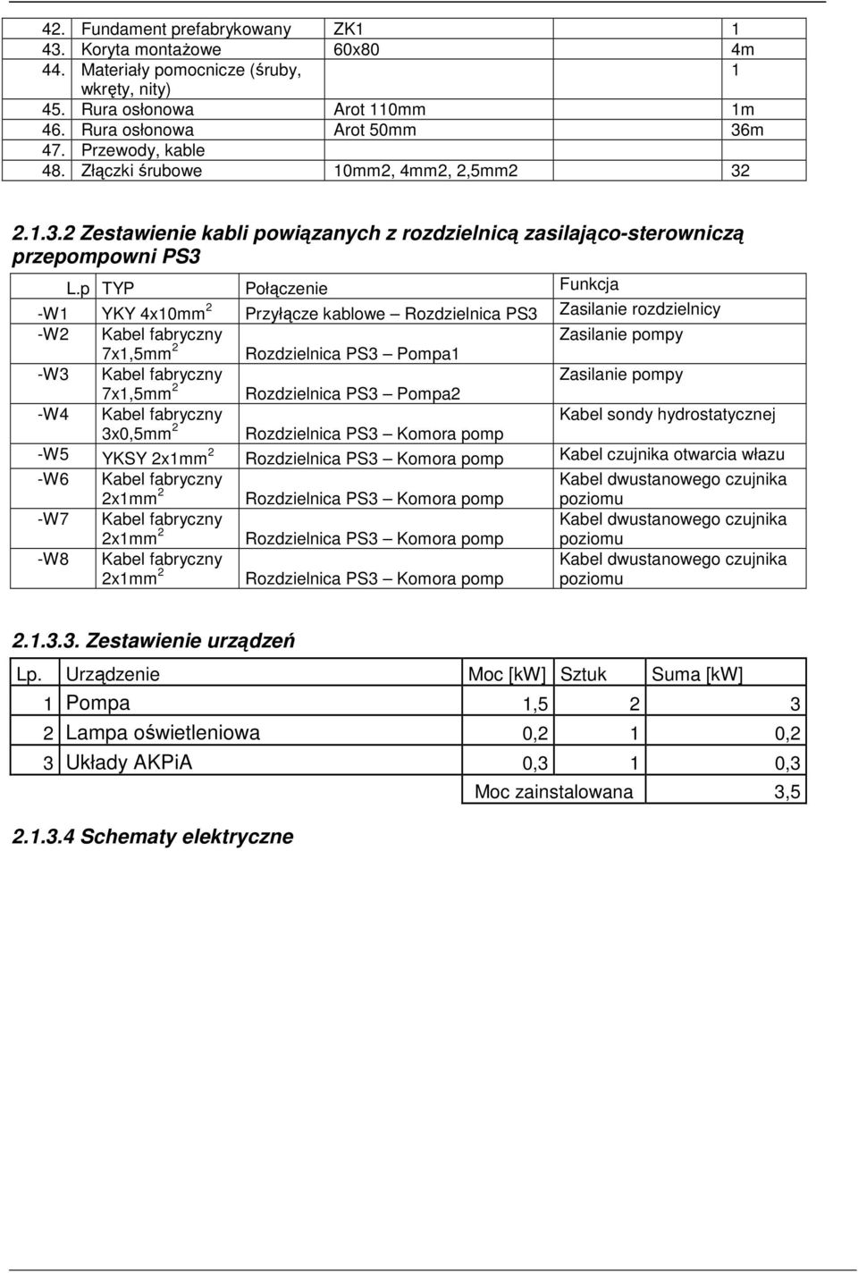 p TYP Połączenie Funkcja -W YKY 4x0mm 2 Przyłącze kablowe Rozdzielnica PS3 Zasilanie rozdzielnicy -W2 Kabel fabryczny Zasilanie pompy 7x,mm 2 Rozdzielnica PS3 Pompa -W3 Kabel fabryczny Zasilanie