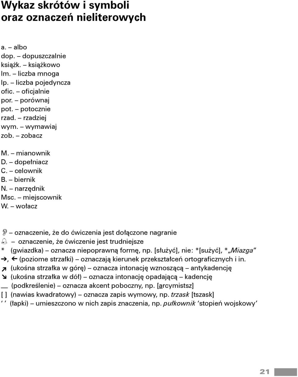 wołacz O oznaczenie, e do ćwiczenia jest dołączone nagranie % oznaczenie, e ćwiczenie jest trudniejsze * (gwiazdka) oznacza niepoprawną formę, np.