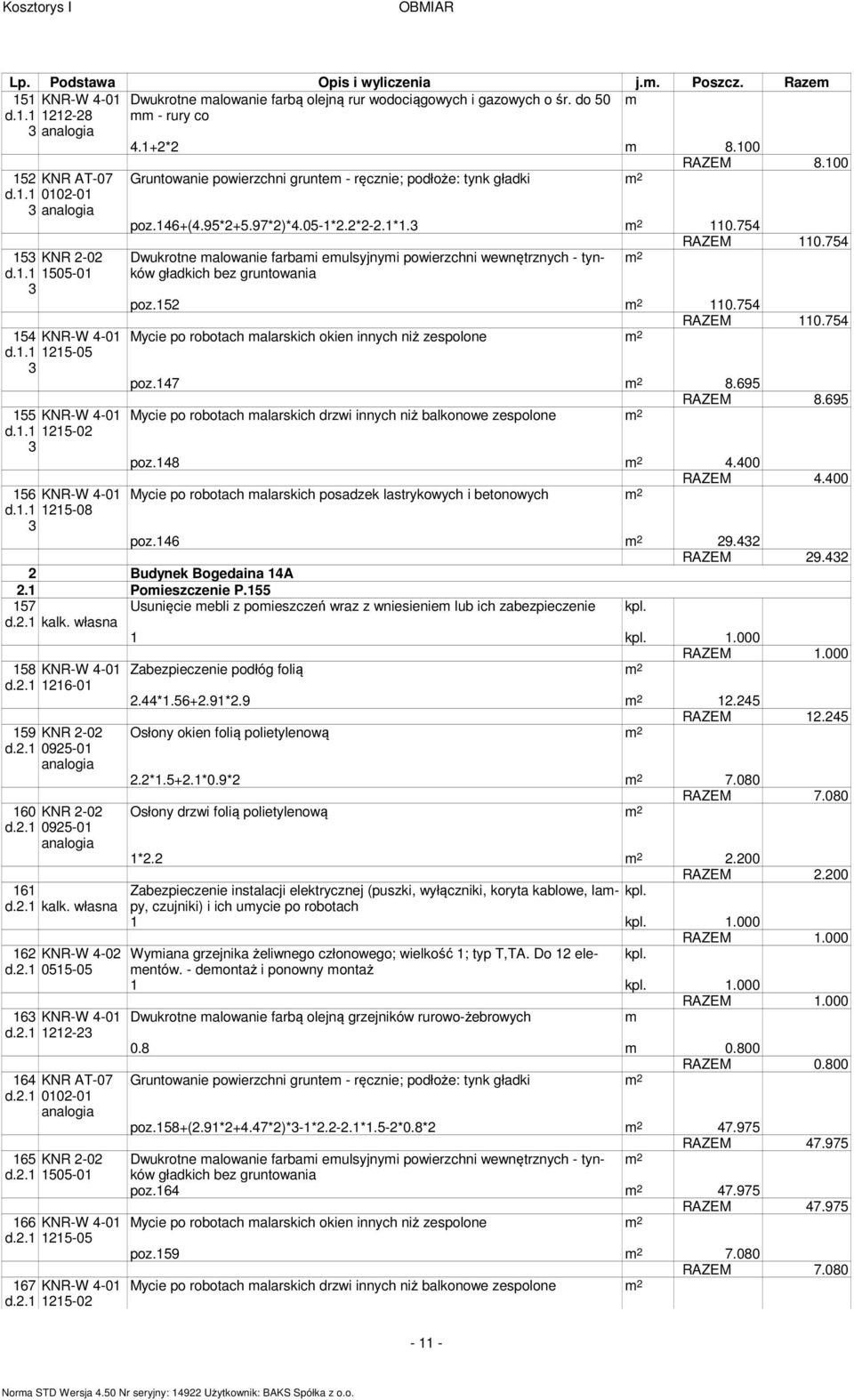 47 8.695 RAZEM 8.695 Mycie po robotach alarskich drzwi innych niż balkonowe zespolone poz.48 4.4 RAZEM 4.4 Mycie po robotach alarskich posadzek lastrykowych i betonowych poz.46 9.4 RAZEM 9.