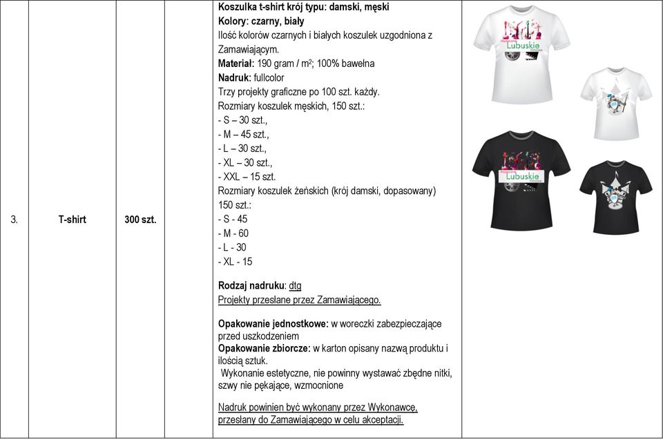 , - XL 30 szt., - XXL 15 szt. Rozmiary koszulek żeńskich (krój damski, dopasowany) 150 szt.
