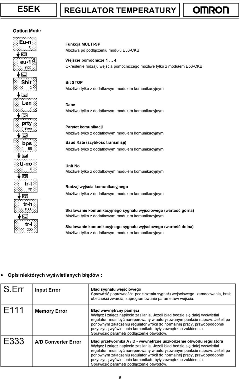 sygnału wyjściowego (wartość dolna) Opis niektórych wyświetlanych błędów : S.