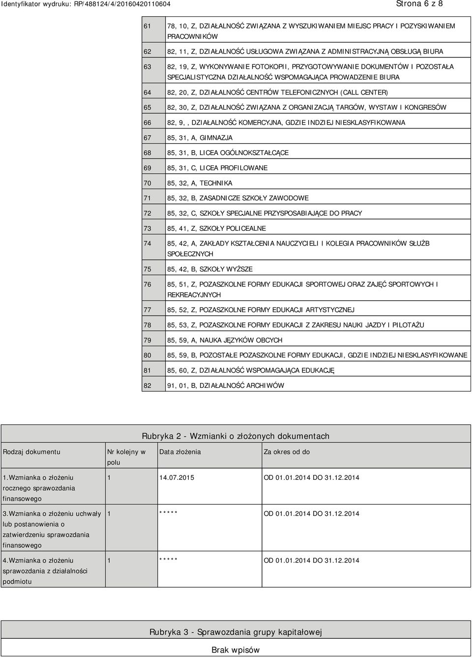 ZWIĄZANA Z ORGANIZACJĄ TARGÓW, WYSTAW I KONGRESÓW 66 82, 9,, DZIAŁALNOŚĆ KOMERCYJNA, GDZIE INDZIEJ SKLASYFIKOWANA 67 85, 31, A, GIMNAZJA 68 85, 31, B, LICEA OGÓLNOKSZTAŁCĄCE 69 85, 31, C, LICEA