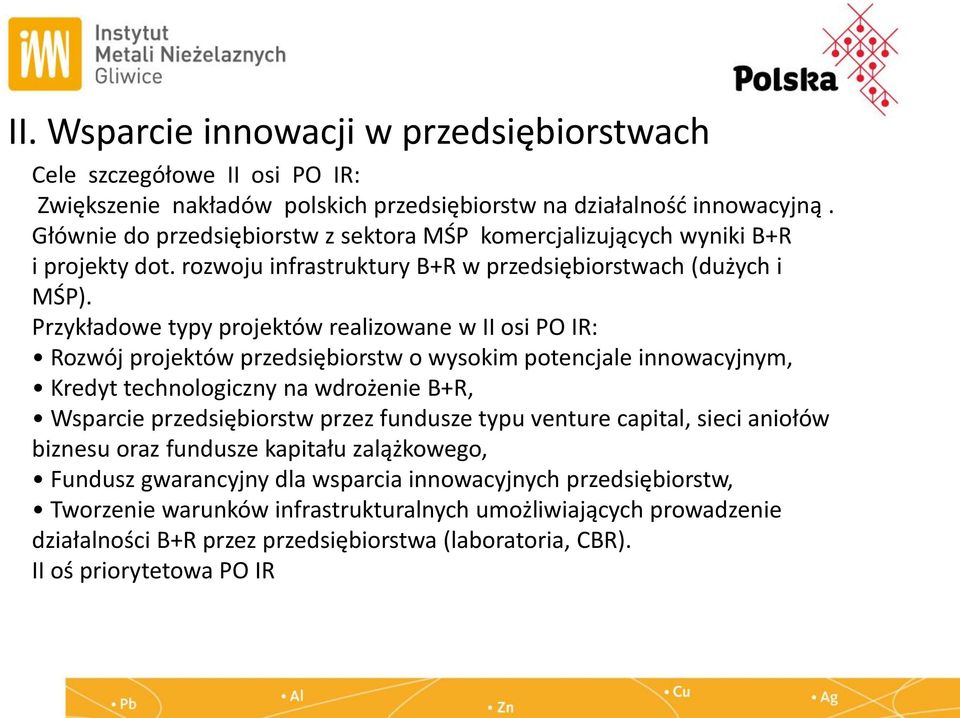 Przykładowe typy projektów realizowane w II osi PO IR: Rozwój projektów przedsiębiorstw o wysokim potencjale innowacyjnym, Kredyt technologiczny na wdrożenie B+R, Wsparcie przedsiębiorstw przez