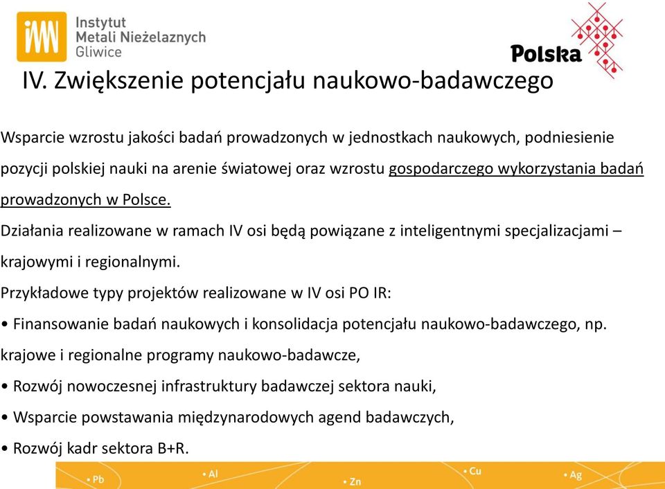 Działania realizowane w ramach IV osi będą powiązane z inteligentnymi specjalizacjami krajowymi i regionalnymi.