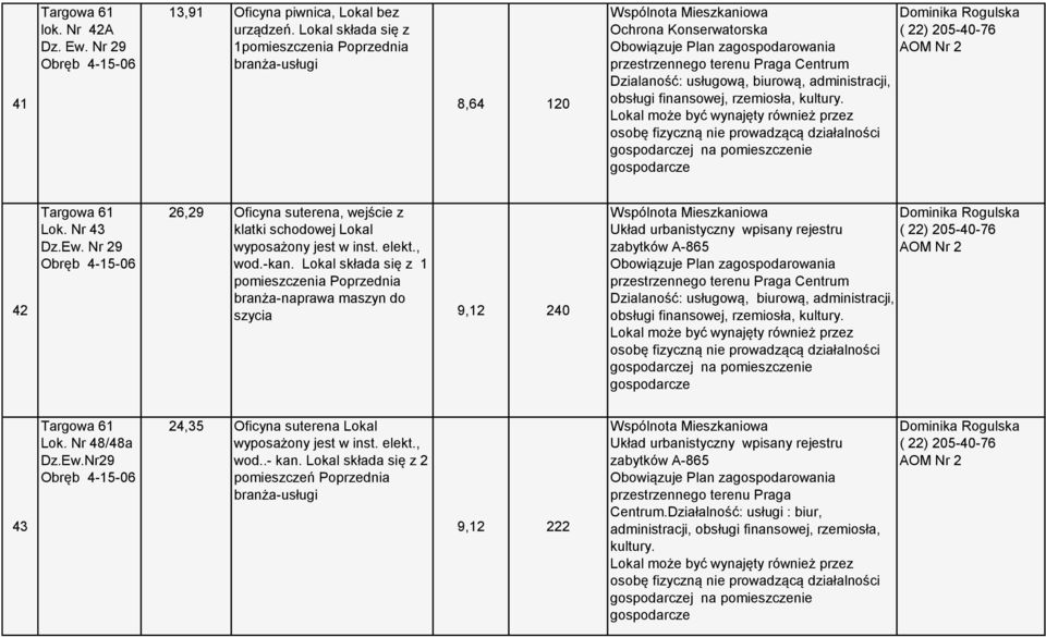 Nr 43 Dz.Ew. Nr 29 Obręb 4-15-06 26,29 Oficyna suterena, wejście z klatki schodowej Lokal wyposażony jest w inst. elekt., wod.-kan.