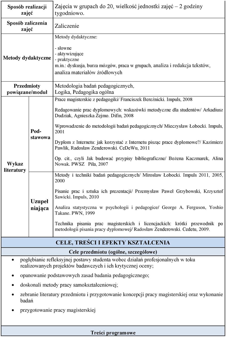 : dyskusja, burza mózgów, praca w grupach, analiza i redakcja tekstów, analiza materiałów źródłowych Metodologia badań pedagogicznych, Logika, Pedagogika ogólna Prace magisterskie z pedagogiki/