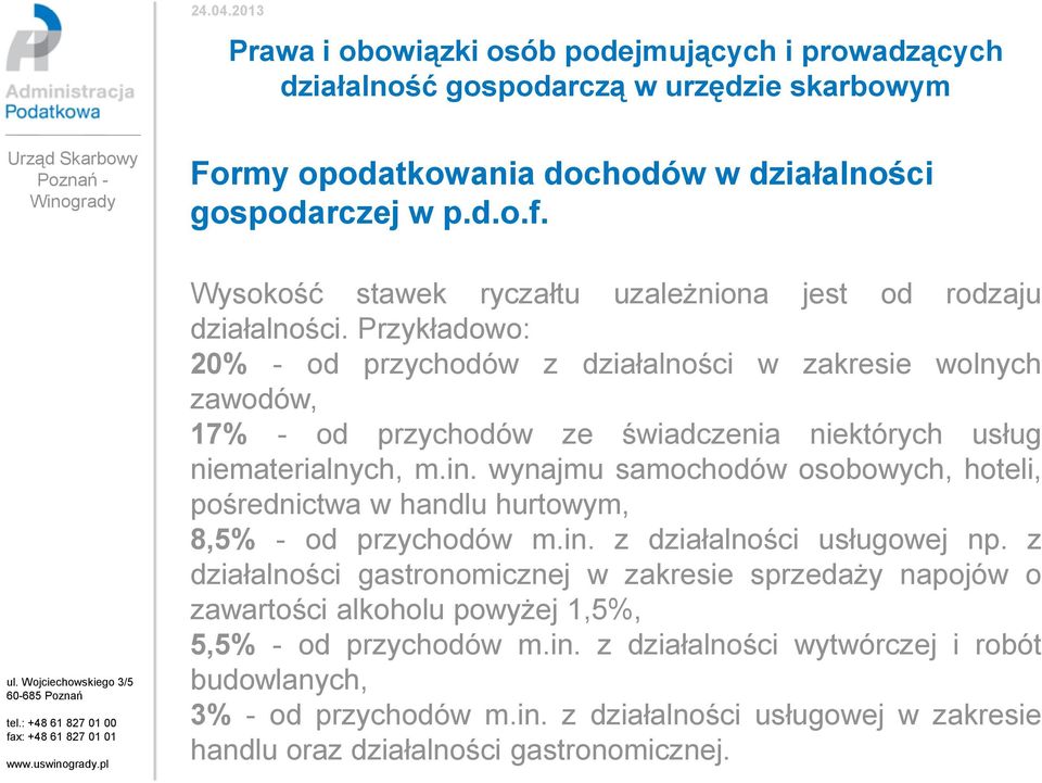 wynajmu samochodów osobowych, hoteli, pośrednictwa w handlu hurtowym, 8,5% - od przychodów m.in. z działalności usługowej np.