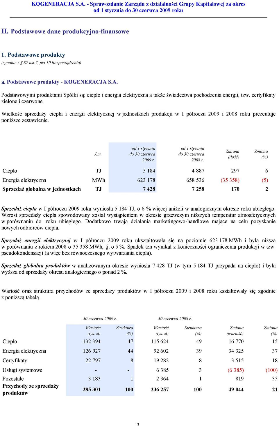 Wielkość sprzedaży ciepła i energii elektrycznej w jednostkach produkcji w I półroczu 2009 i 2008 ro