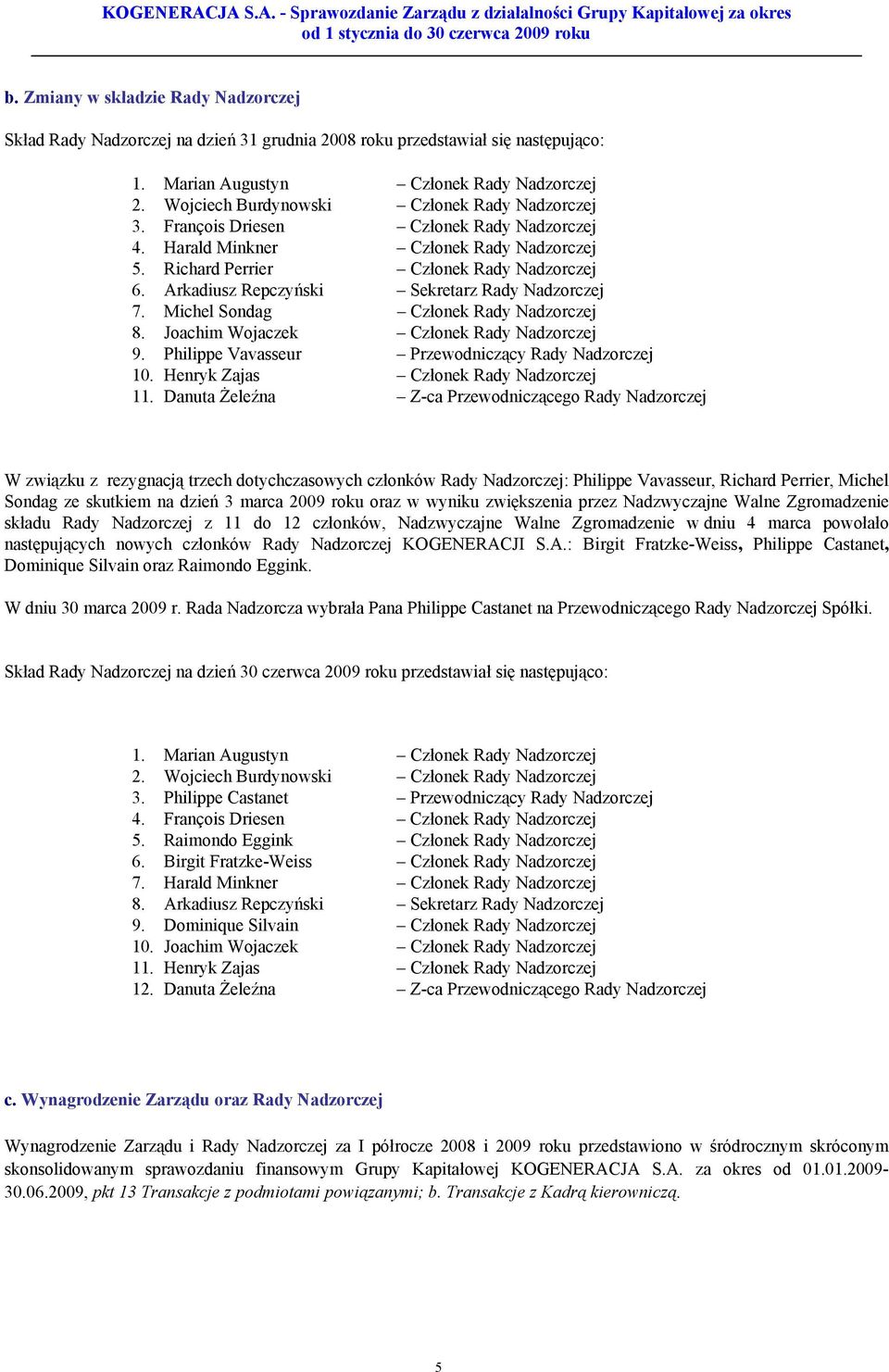 Arkadiusz Repczyński Sekretarz Rady Nadzorczej 7. Michel Sondag Członek Rady Nadzorczej 8. Joachim Wojaczek Członek Rady Nadzorczej 9. Philippe Vavasseur Przewodniczący Rady Nadzorczej 10.