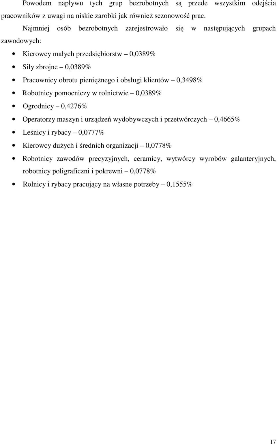 obsługi klientów 0,3498% Robotnicy pomocniczy w rolnictwie 0,0389% Ogrodnicy 0,4276% Operatorzy maszyn i urządzeń wydobywczych i przetwórczych 0,4665% Leśnicy i rybacy 0,0777%