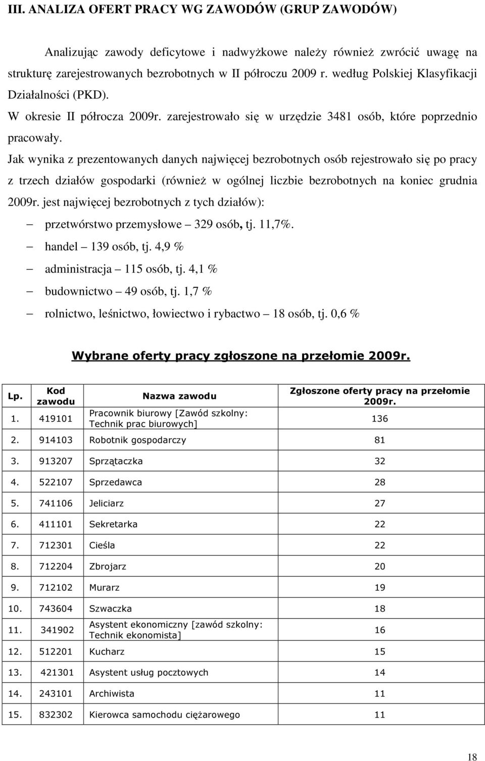 Jak wynika z prezentowanych danych najwięcej bezrobotnych osób rejestrowało się po pracy z trzech działów gospodarki (również w ogólnej liczbie bezrobotnych na koniec grudnia 2009r.