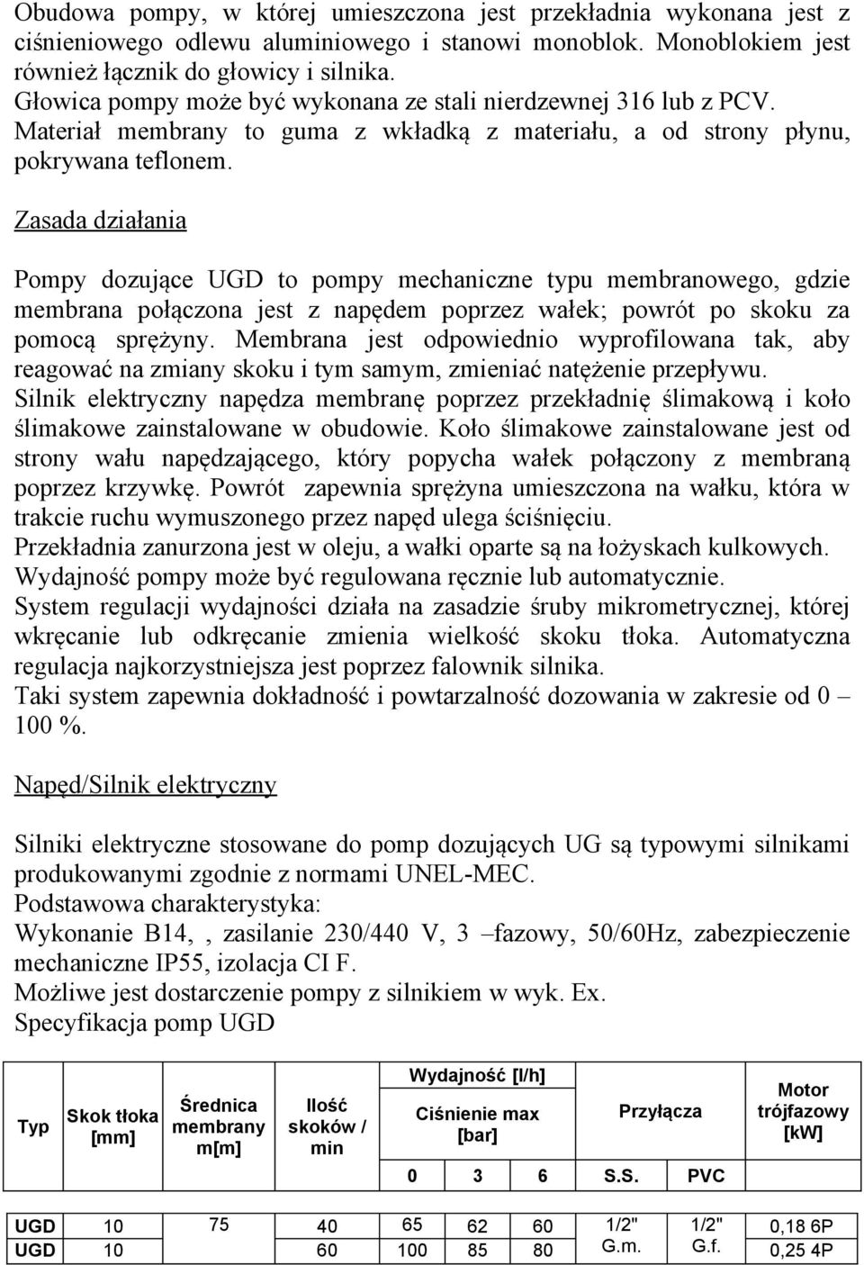 Zasada działania Pompy dozujące UGD to pompy mechaniczne typu membranowego, gdzie membrana połączona jest z napędem poprzez wałek; powrót po skoku za pomocą sprężyny.