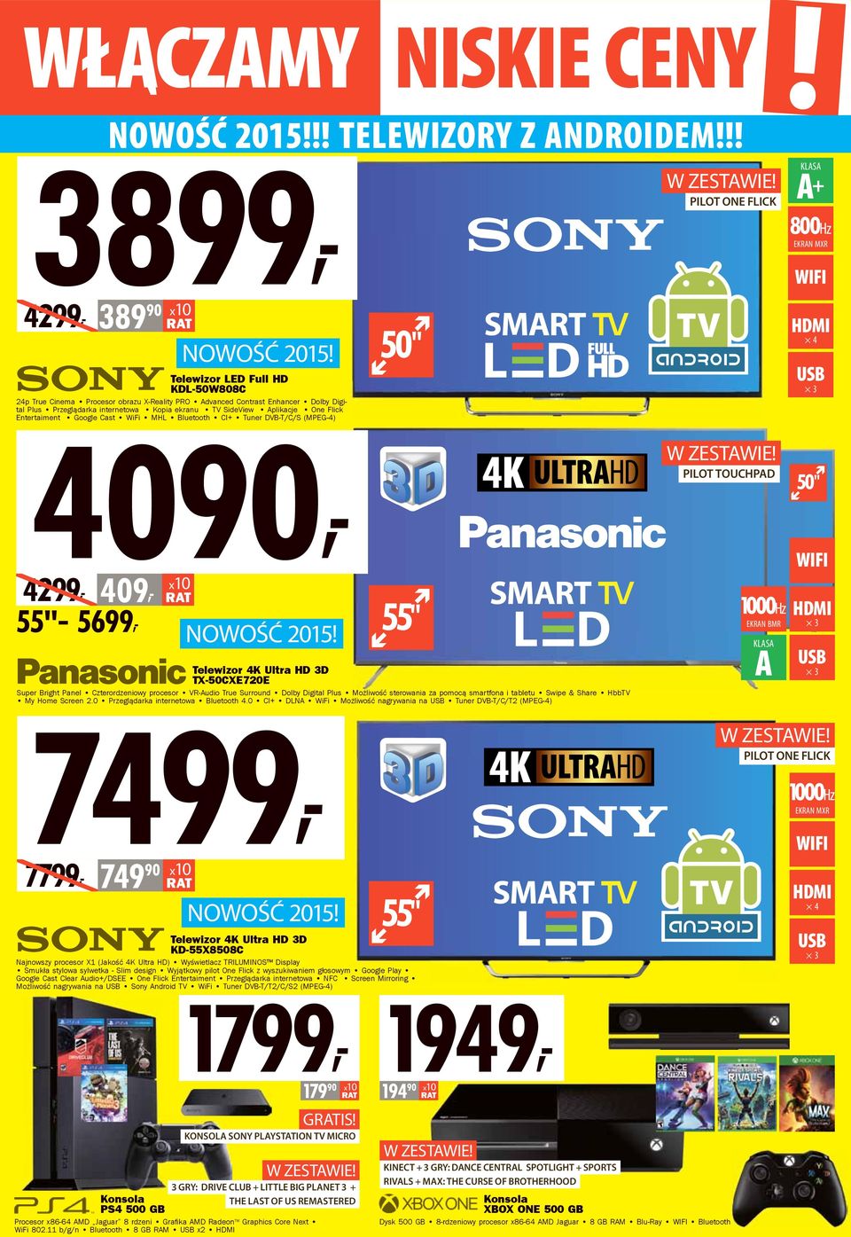 2015 NOWOŚĆ 2015 50" 55" Telewizor 4K Ultra HD 3D TX-50CXE720E Super Bright Panel Czterordzeniowy procesor VR-Audio True Surround Dolby Digital Plus Możliwość sterowania za pomocą smartfona i tabletu