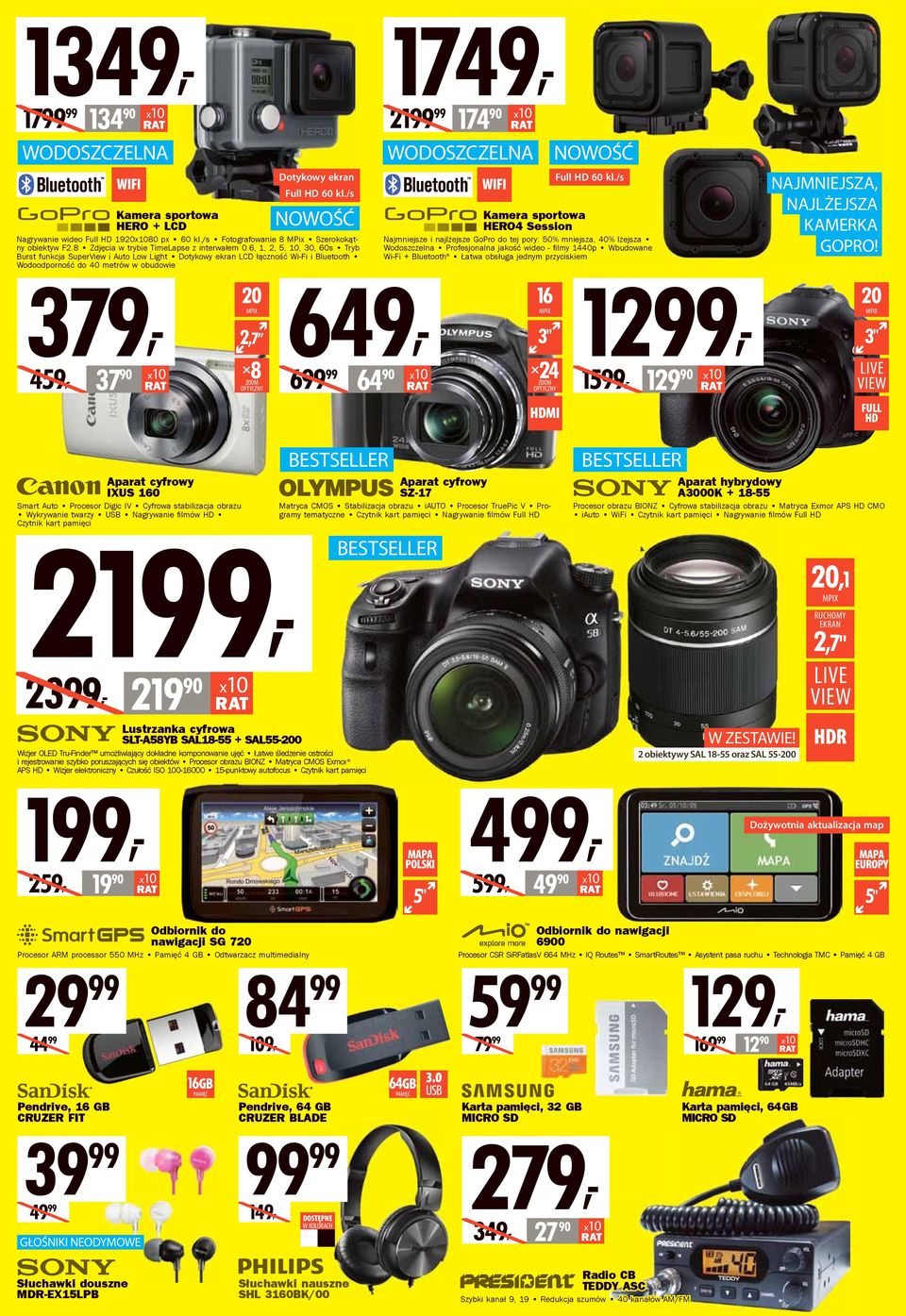 6, 1, 2, 5, 10, 30, 60s Tryb Burst funkcja SuperView i Auto Low Light Dotykowy ekran LCD łączność Wi-Fi i Bluetooth Wodoodporność do 40 metrów w obudowie 379, 20 MPIX 2,7 37 90 649, ZOOM 459,