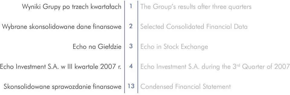 Giełdzie 3 Echo in Stock Exchange Echo Investment S.A. w III kwartale 2007 r.