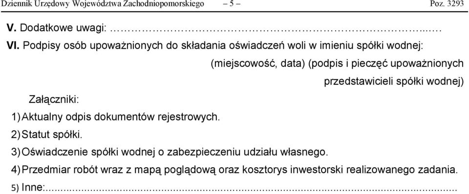 upoważnionych przedstawicieli spółki wodnej) Załączniki: 1) Aktualny odpis dokumentów rejestrowych. 2) Statut spółki.