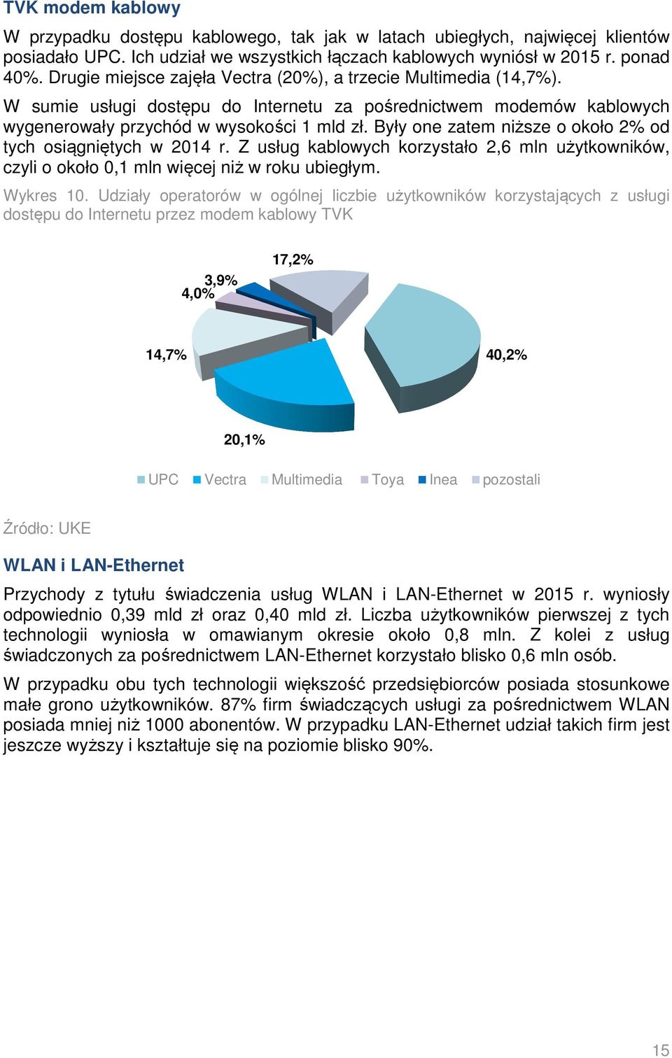 Były one zatem niższe o około 2% od tych osiągniętych w 2014 r. Z usług kablowych korzystało 2,6 mln użytkowników, czyli o około 0,1 mln więcej niż w roku ubiegłym. Wykres 10.