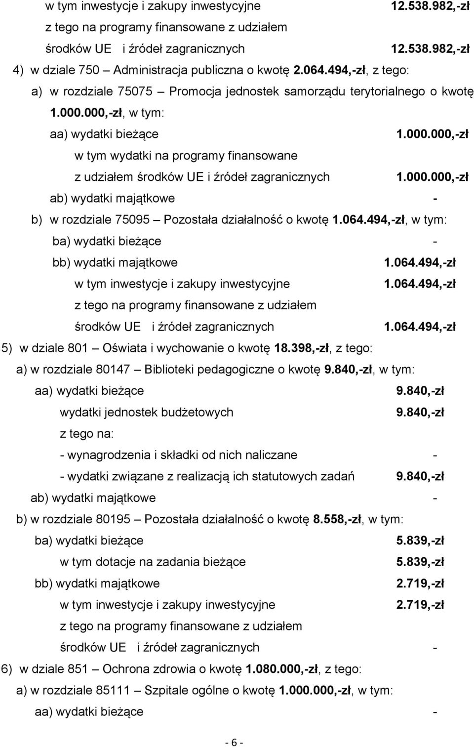 000.000,-zł ab) wydatki majątkowe - b) w rozdziale 75095 Pozostała działalność o kwotę 1.064.494,-zł, w tym: ba) wydatki bieżące - bb) wydatki majątkowe 1.064.494,-zł 1.064.494,-zł środków UE i źródeł zagranicznych 1.