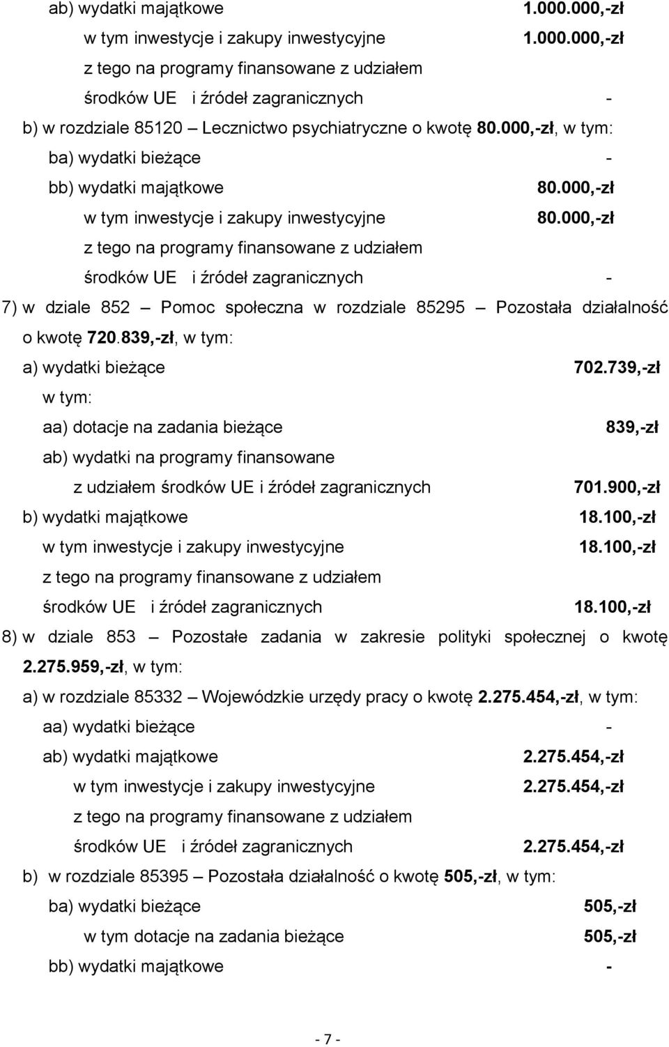 000,-zł środków UE i źródeł zagranicznych - 7) w dziale 852 Pomoc społeczna w rozdziale 85295 Pozostała działalność o kwotę 720.839,-zł, w tym: a) wydatki bieżące 702.