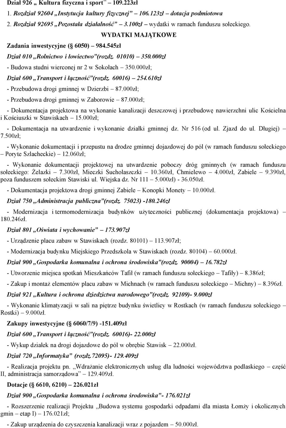000zł - Budowa studni wierconej nr 2 w Sokołach 350.000zł; Dział 600 Transport i łączność (rozdz. 60016) 254.610zł - Przebudowa drogi gminnej w Dzierzbi 87.