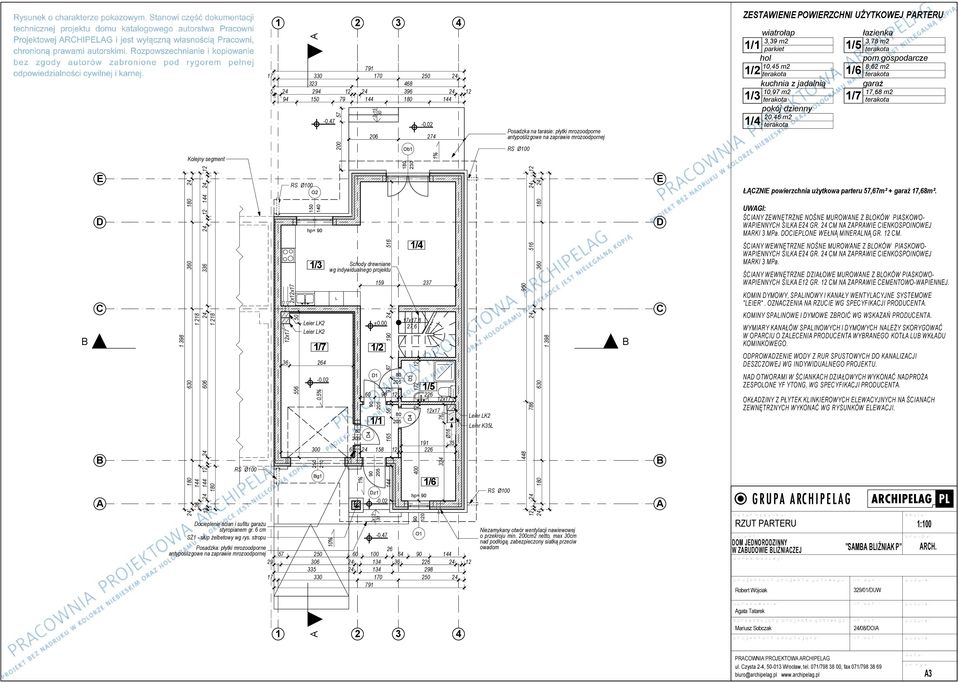 gospodarcze,6 m garaż 7,6 m RS Ø00 Kolejny segment ŁĄZNI powierzchnia użytkowa parteru 57,67m² + garaż 7,6m².