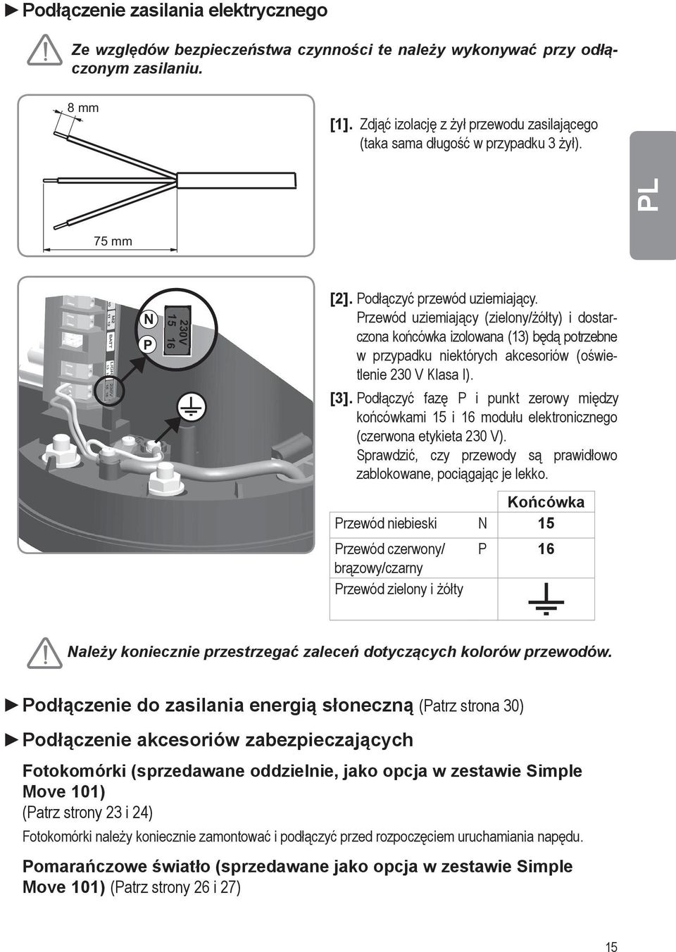 Przewód uziemiający (zielony/żółty) i dostarczo na końcówka izolowana (13) będą potrze bne w przypadku niektórych akcesoriów (oświetlenie 230 V Klasa I). [3].