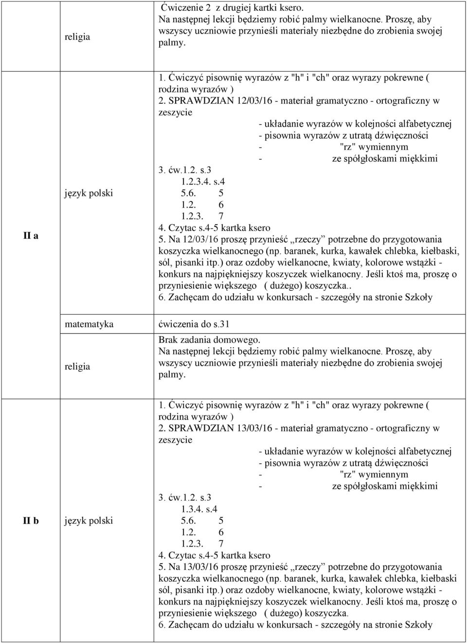 miękkimi 3. ćw.1.2. s.3 1.2.3.4. s.4 5.6. 5 1.2.3. 7 4. Czytac s.4-5 kartka ksero 5. Na 12/03/16 proszę przynieść rzeczy potrzebne do przygotowania koszyczka wielkanocnego (np.