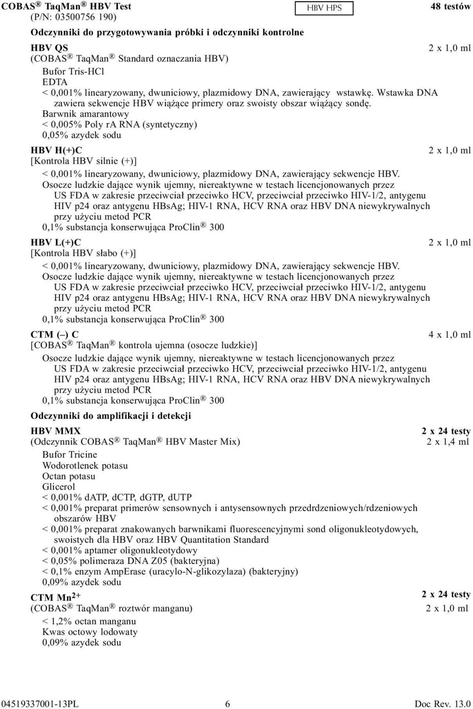 Barwnik amarantowy < 0,005% Poly ra RNA (syntetyczny) 0,05% azydek sodu HBV H(+)C 2 x 1,0 ml [Kontrola HBV silnie (+)] < 0,001% linearyzowany, dwuniciowy, plazmidowy DNA, zawierający sekwencje HBV.