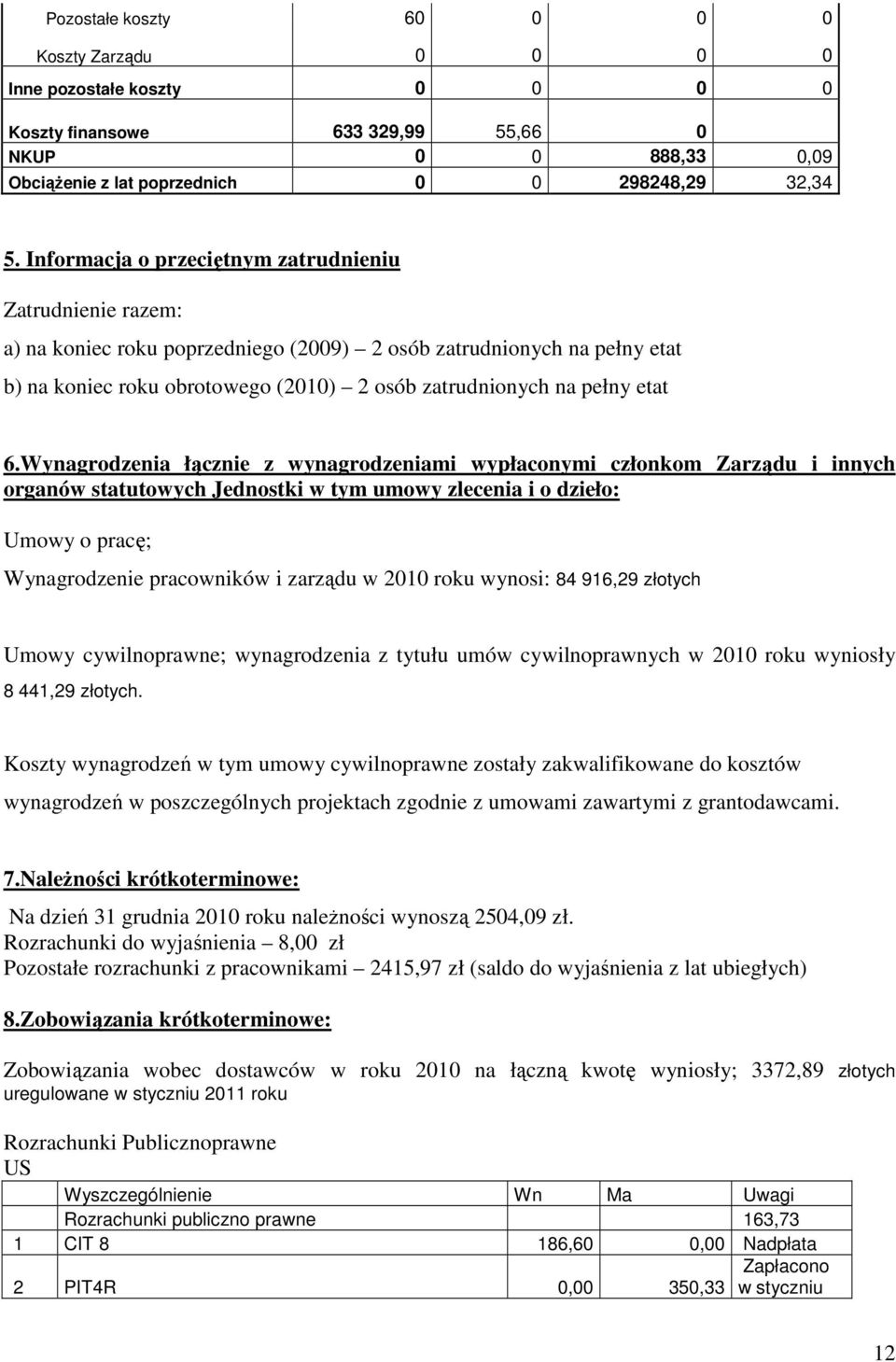 Wynagrodzenia łącznie z wynagrodzeniami wypłaconymi członkom Zarządu i innych organów statutowych Jednostki w tym umowy zlecenia i o dzieło: Umowy o pracę; Wynagrodzenie pracowników i zarządu w 00