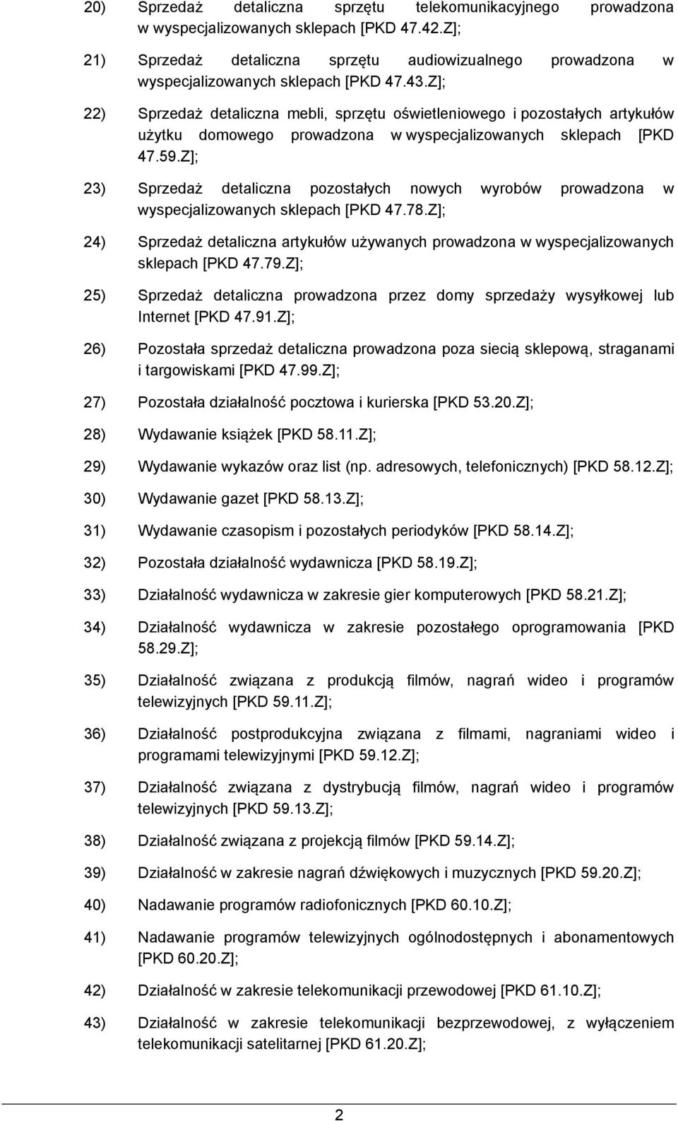 Z]; 22) Sprzedaż detaliczna mebli, sprzętu oświetleniowego i pozostałych artykułów użytku domowego prowadzona w wyspecjalizowanych sklepach [PKD 47.59.