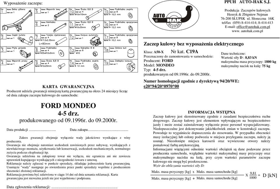 produkowanego od 09.199r. do 09.2000r. Data produkcji... Data zakupu... Zakres gwarancji obejmuje wyłącznie wady jakościowe wynikające z winy producenta.