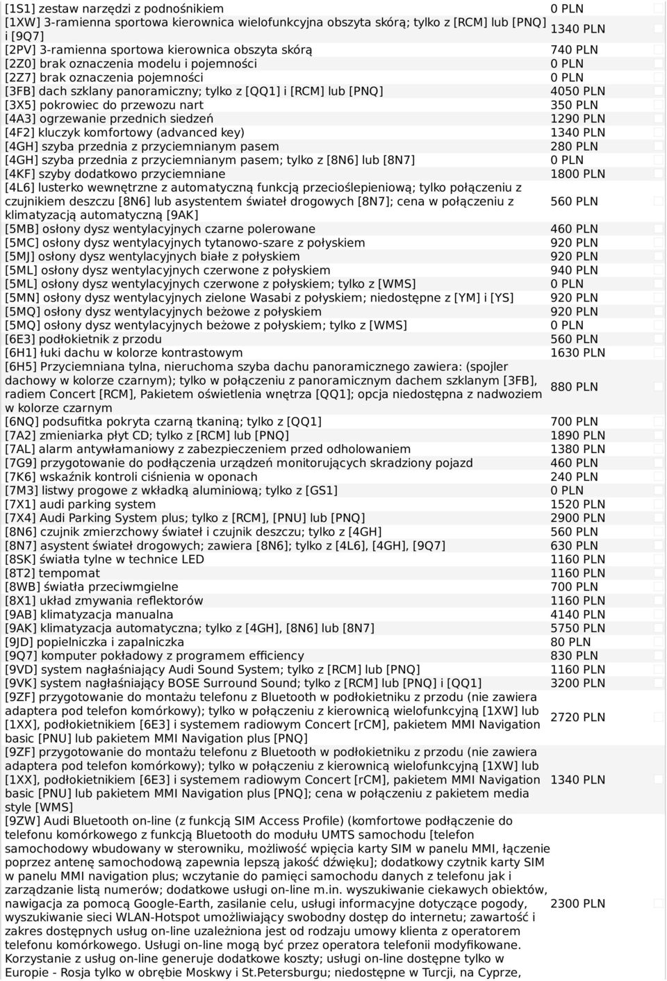 przednich siedzeń 129 [4F2] kluczyk komfortowy (advanced key) 134 [4GH] szyba przednia z przyciemnianym pasem 28 [4GH] szyba przednia z przyciemnianym pasem; tylko z [8N6] lub [8N7] [4KF] szyby