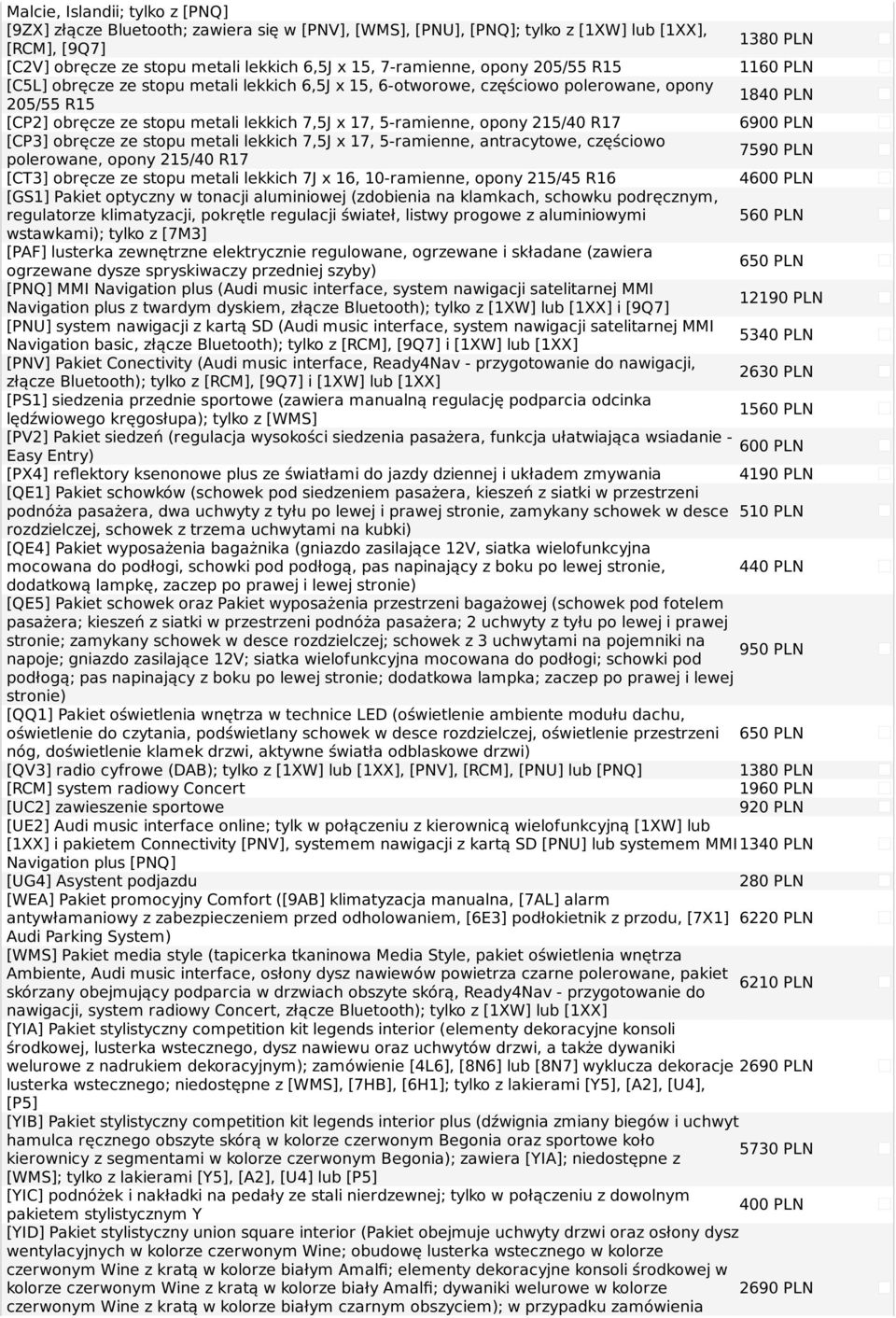 opony 215/40 R17 690 [CP3] obręcze ze stopu metali lekkich 7,5J x 17, 5-ramienne, antracytowe, częściowo 759 polerowane, opony 215/40 R17 [CT3] obręcze ze stopu metali lekkich 7J x 16, 10-ramienne,