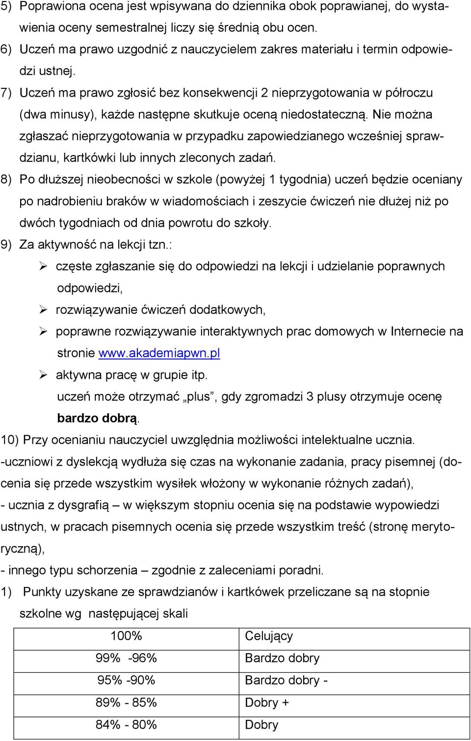 7) Uczeń ma prawo zgłosić bez konsekwencji 2 nieprzygotowania w półroczu (dwa minusy), każde następne skutkuje oceną niedostateczną.