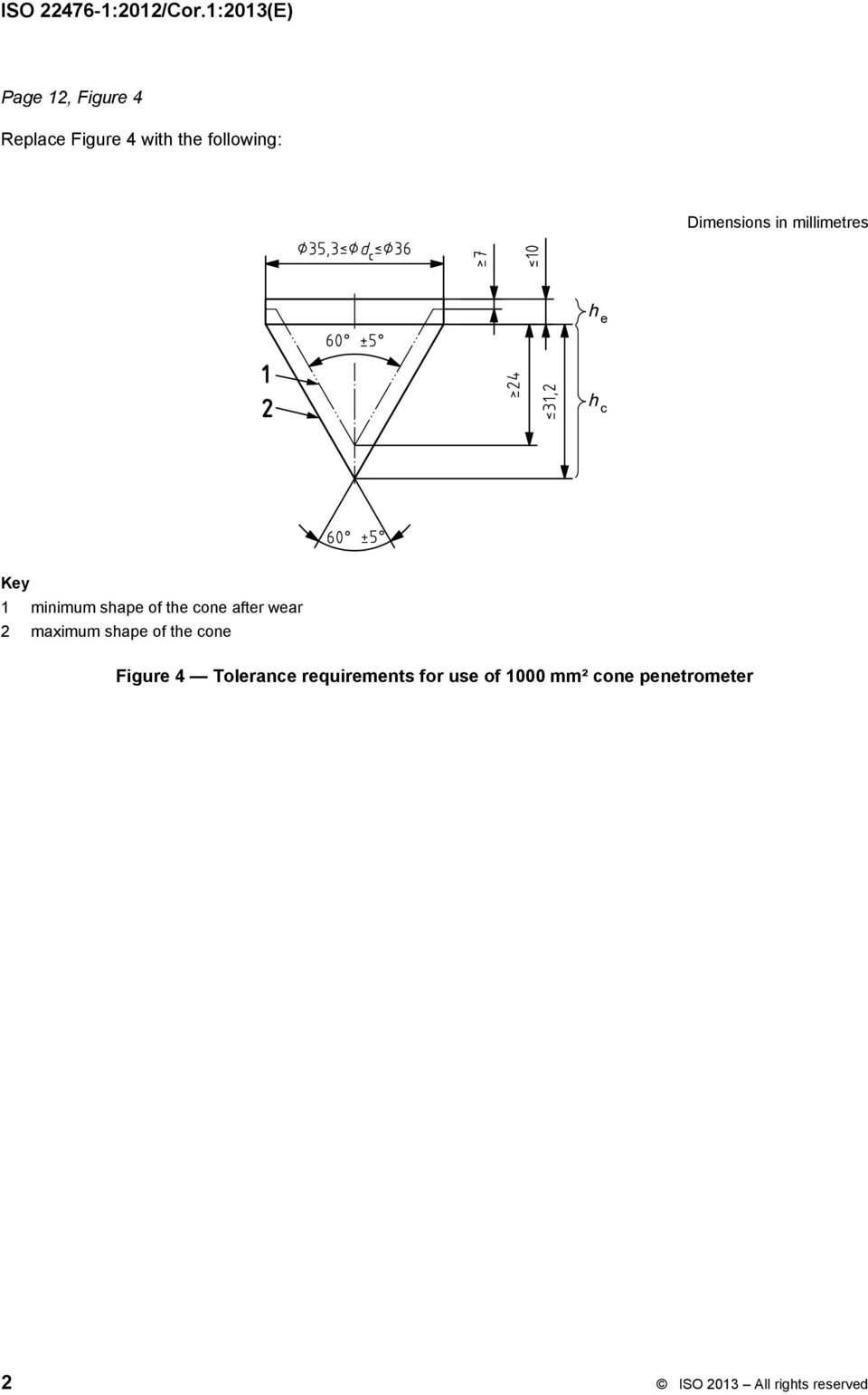 Dimensions in millimetres Key 1 minimum shape of the cone after wear 2